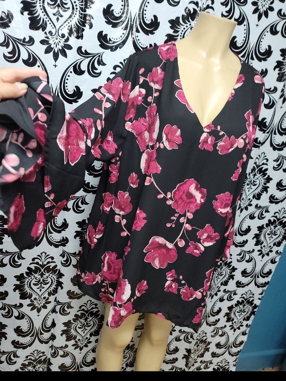 K Jordan Black V-Neck Blouse with Fuchsia Floral Print